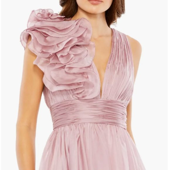 MAC DUGGAL 70173 ROSETTE ONE SHOULDER TEA LENGTH ROSE MIDI DRESS sz 10 - Picture 2 of 3